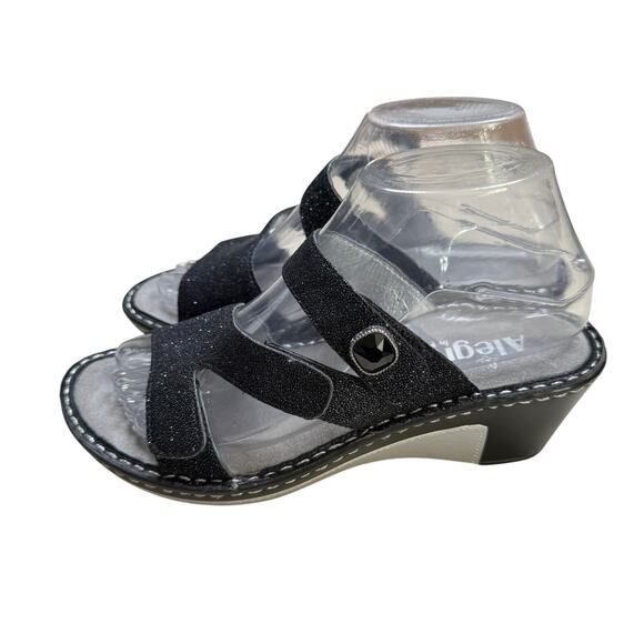 Alegria Loti Glitteroti Women's Black Leather Slip-On Wedge Heel Sandals Size 36 - Picture 6 of 9